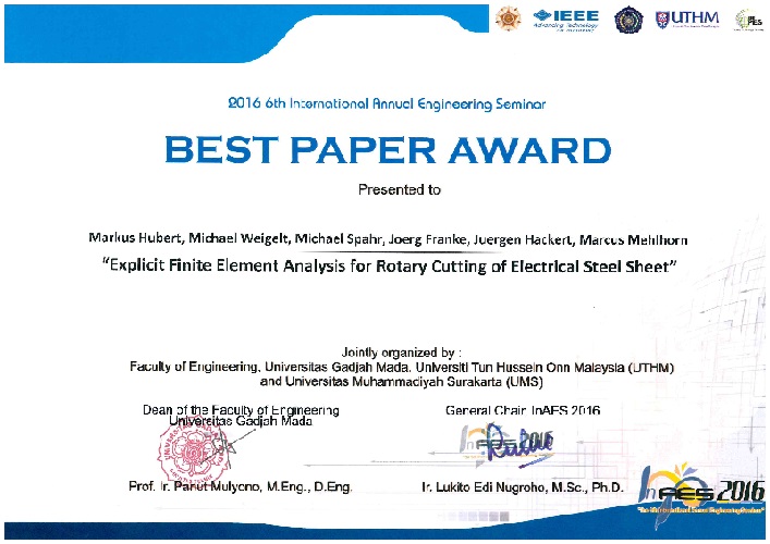 Zum Artikel "03.08.2016: Internationaler „Best Paper Award“ des InAES 2016 für Markus Hubert, Michael Spahr, Michael Weigelt und Jörg Franke"