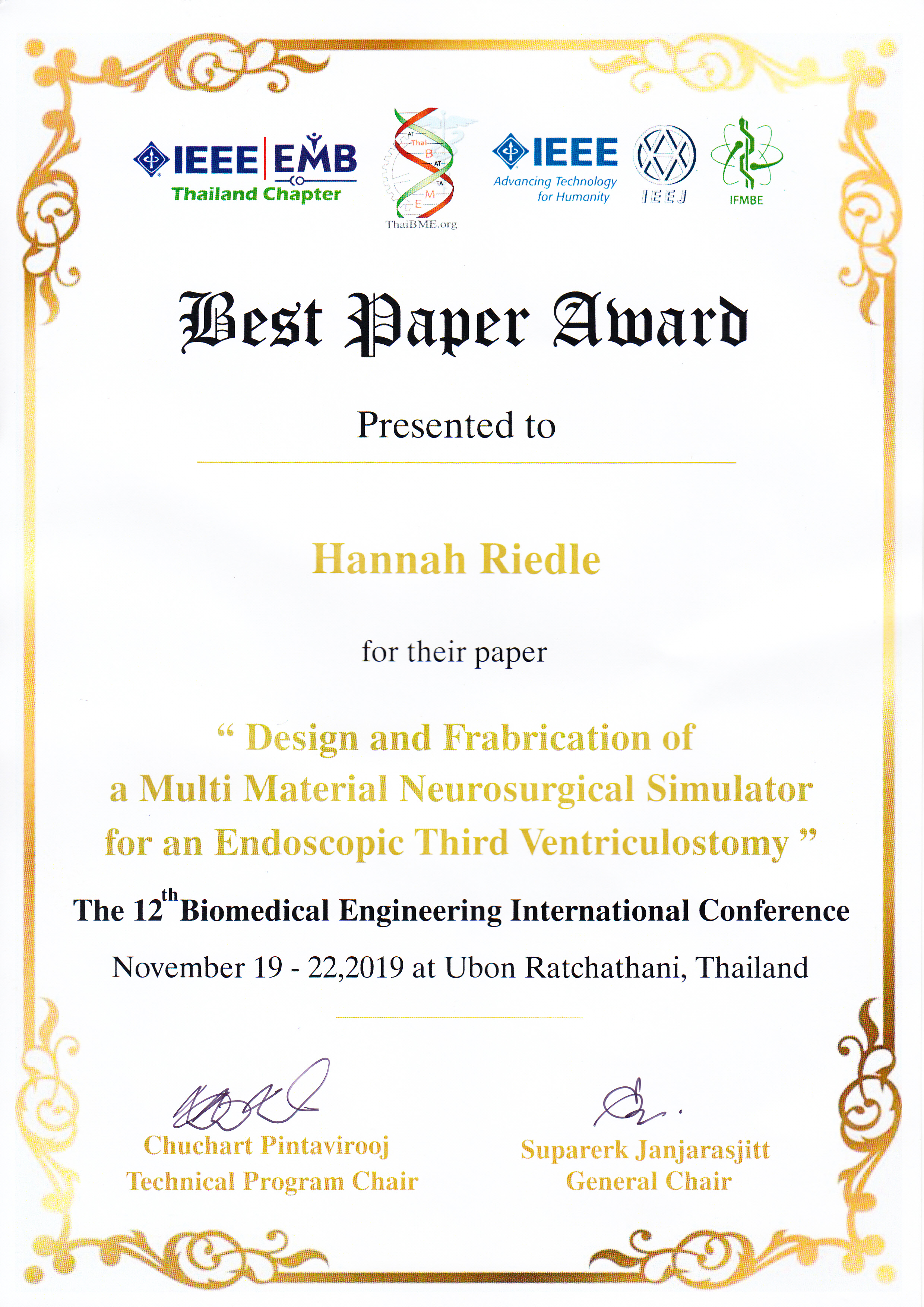 Zum Artikel "20.11.2019: Best Paper Award der IEEE BMEiCON 2019 in Ubon Ratchatani|Thailand für Hannah Riedle"