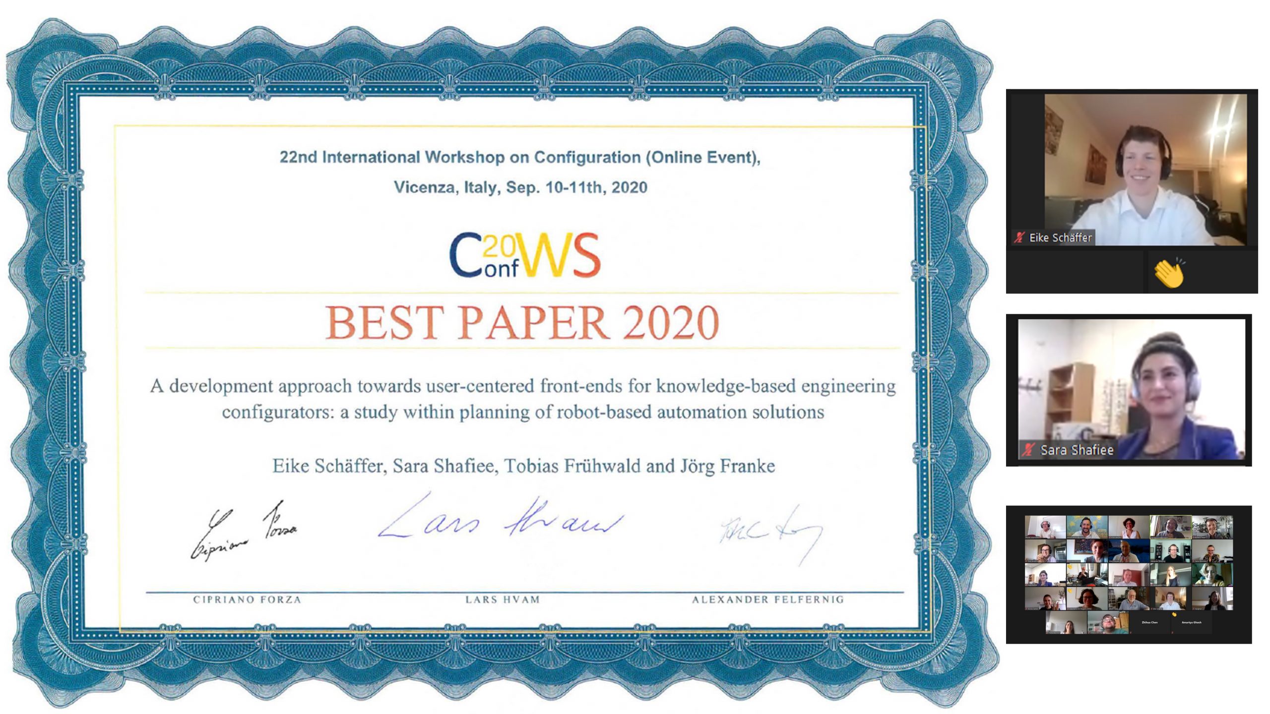 Zum Artikel "11.09.2020: Eike Schäffer erhält den Best Paper Award des 22nd International Workshop on Configuration"