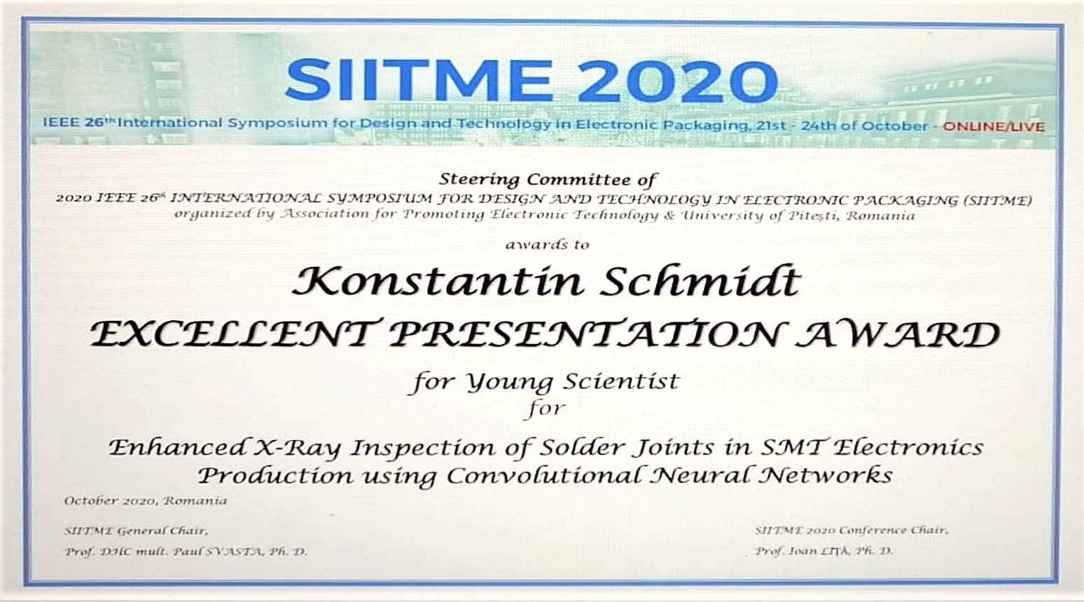 Zum Artikel "23.10.2020: Excellent Presentation Award der SIITME 2020 für Konstantin Schmidt | EWA //FAPS"