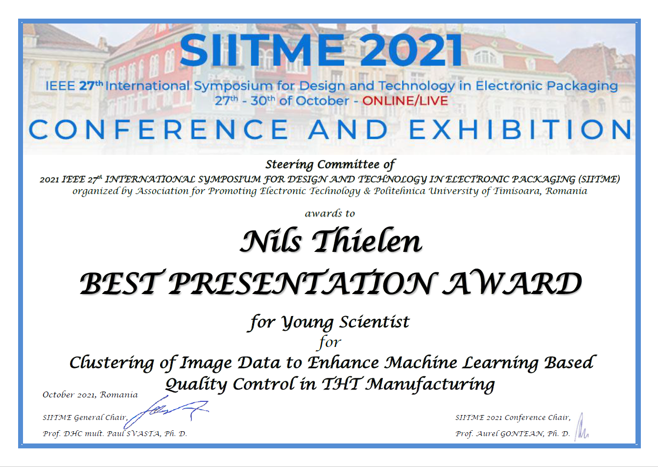 Zum Artikel "29.10.2021: Best Presentation Award der SIITME 2021 für Nils Thielen"