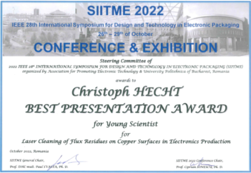 Zum Artikel "04.11.2022: Best Presentation Award der SIITME 2022 für Christoph Hecht"