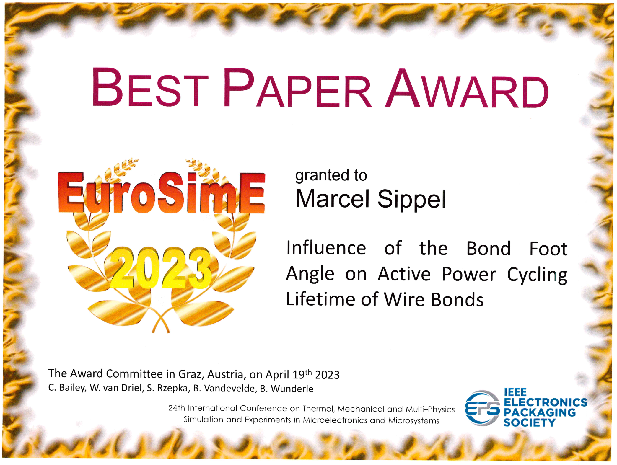 Zum Artikel "19.04.2023: Best Paper Award der EuroSimE23 für Marcel Sippel"